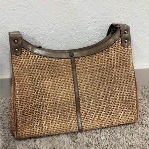 Vintage Tan and Brown Woven Shoulder Bag with Leather Trim